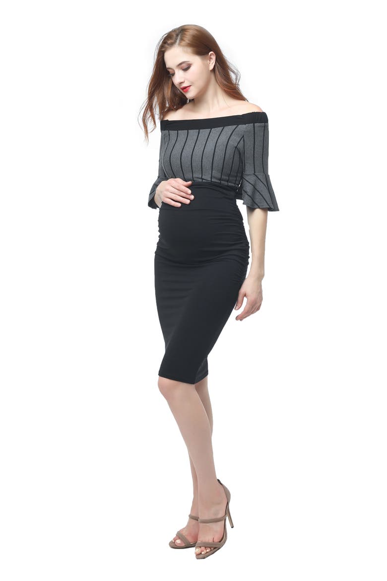 Josephine Off the Shoulder Body-Con Maternity Dress, Alternate, color, BLACK/ GRAY