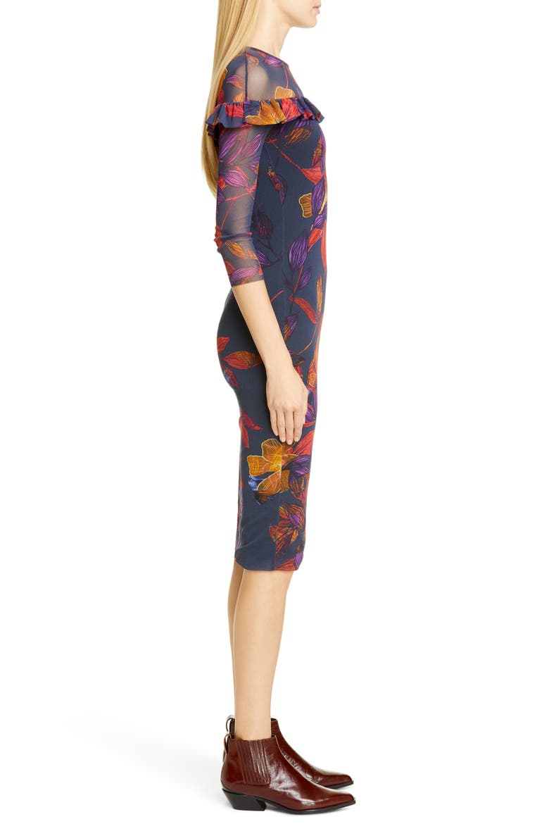 Floral Ruffle Trim Sheer Sleeve Dress, Alternate, color, AVIO