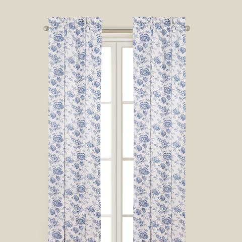 Devon Lake Blue and White Floral Cotton Window Curtain Drapery Single Panel