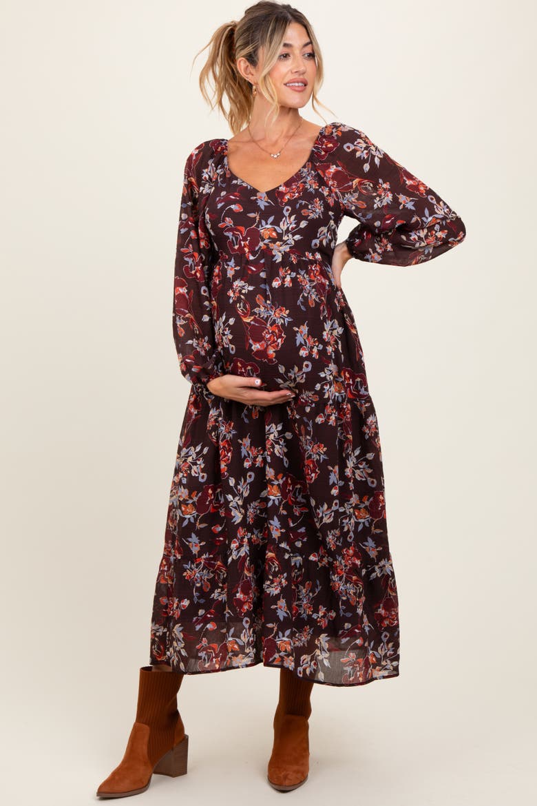 Floral V-Neck Bubble Sleeve Maxi Dress, Alternate, color, Brown