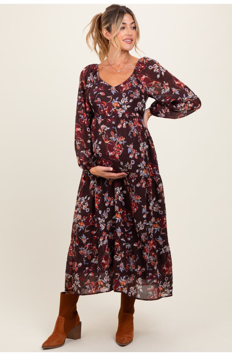 PinkBlush Floral V-Neck Bubble Sleeve Maxi Dress, Alternate, color, Brown
