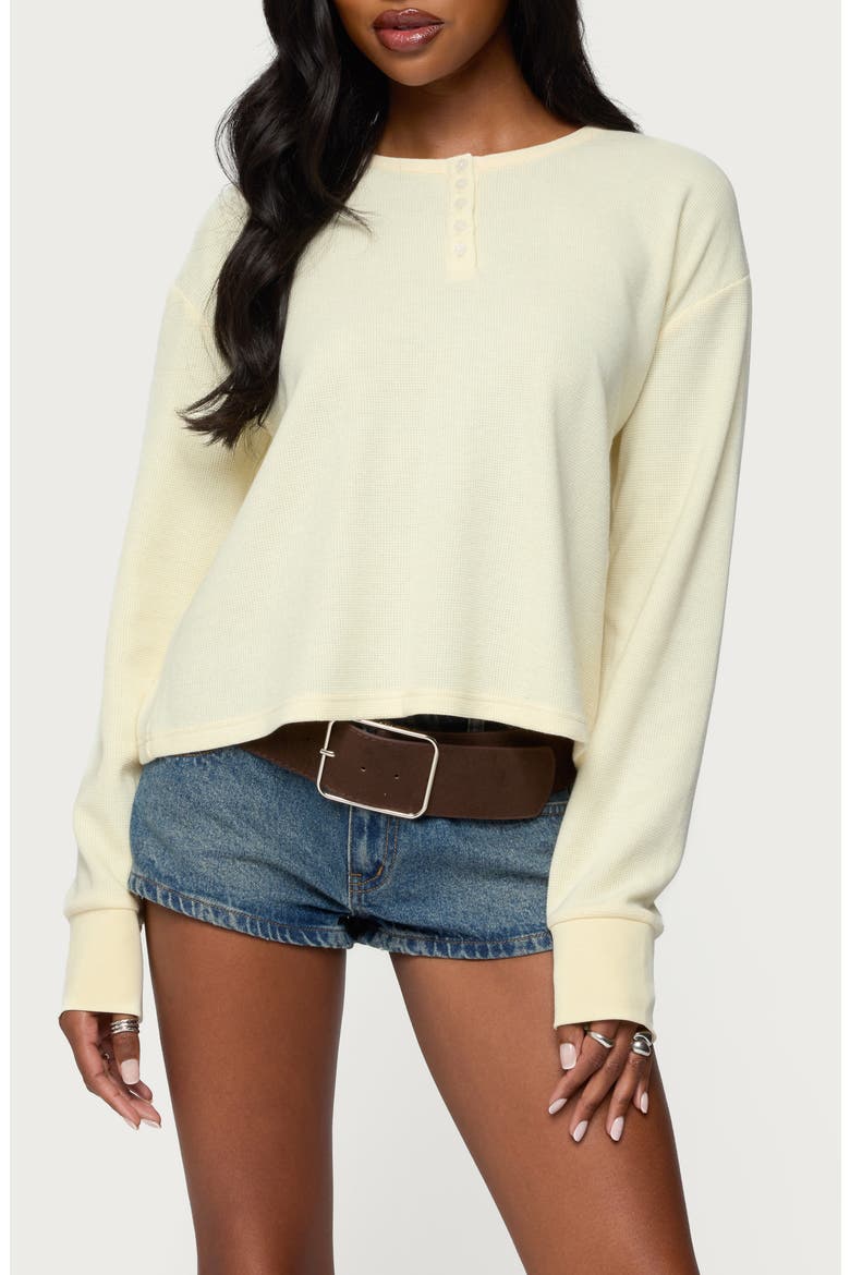 Deni Long Sleeve Waffle Stitch Henley, Main, color, YELLOW