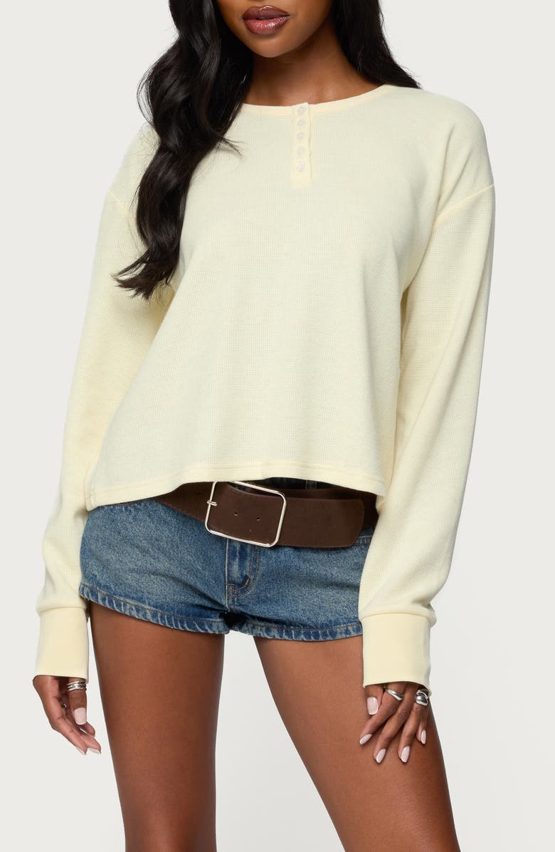 EDIKTED Deni Long Sleeve Waffle Stitch Henley, Main, color, Yellow