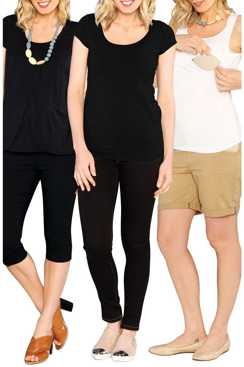 Essential 3-Piece Maternity/Nursing Set, Main, color, BLACK