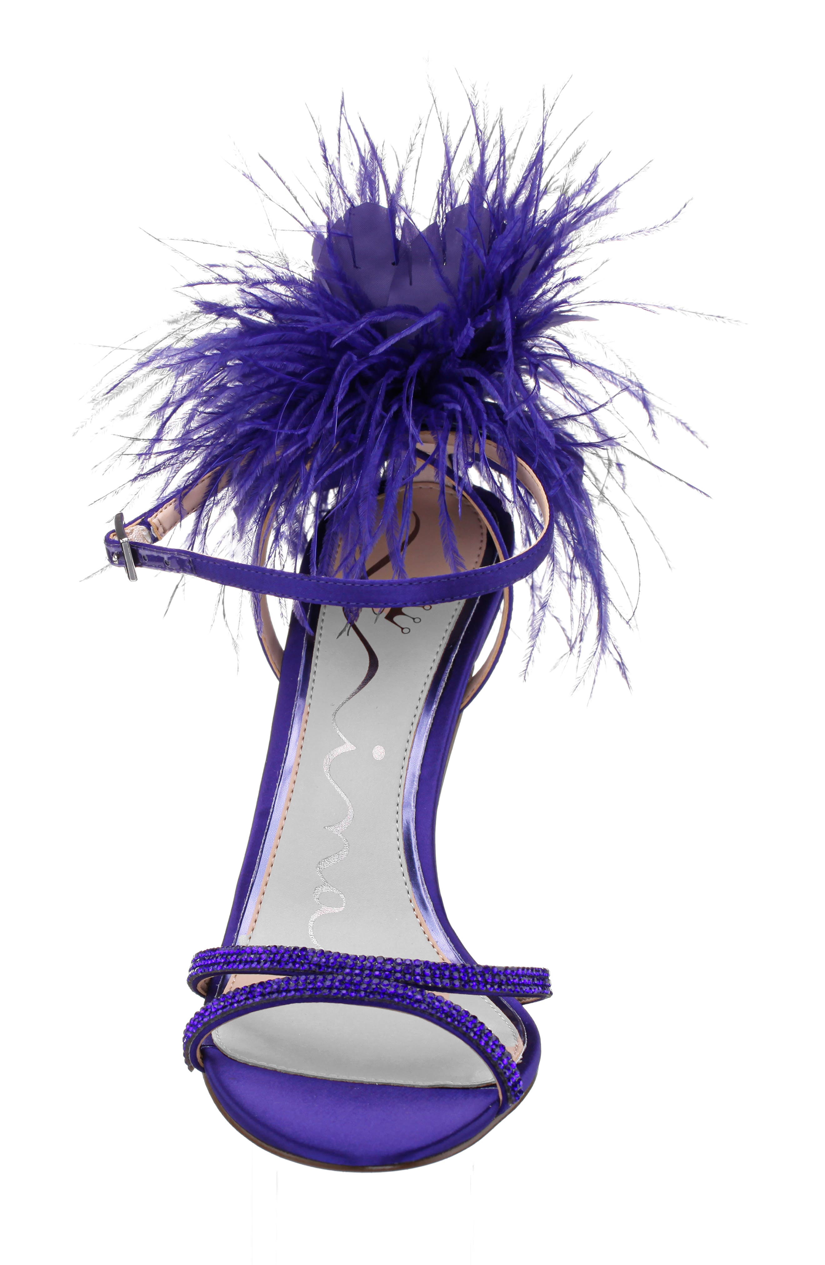Nina Demi Faux Feather Ankle Strap Sandal, Alternate, color, Plum