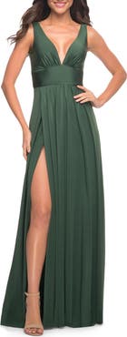 La Femme Empire Waist Gown with Deep V Neckline