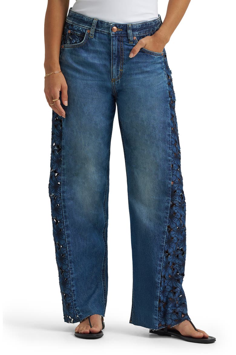 Rider™ Embroidered Raw Hem Low Slung Barrel Jeans, Main, color, BLUE ROYALTY