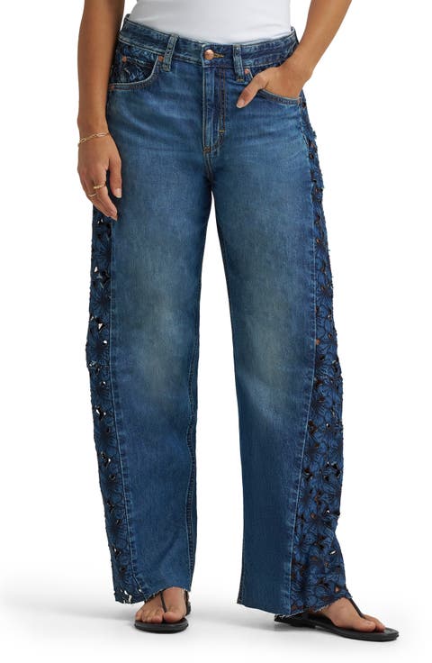 Rider™ Embroidered Raw Hem Low Slung Barrel Jeans (Blue Royalty)