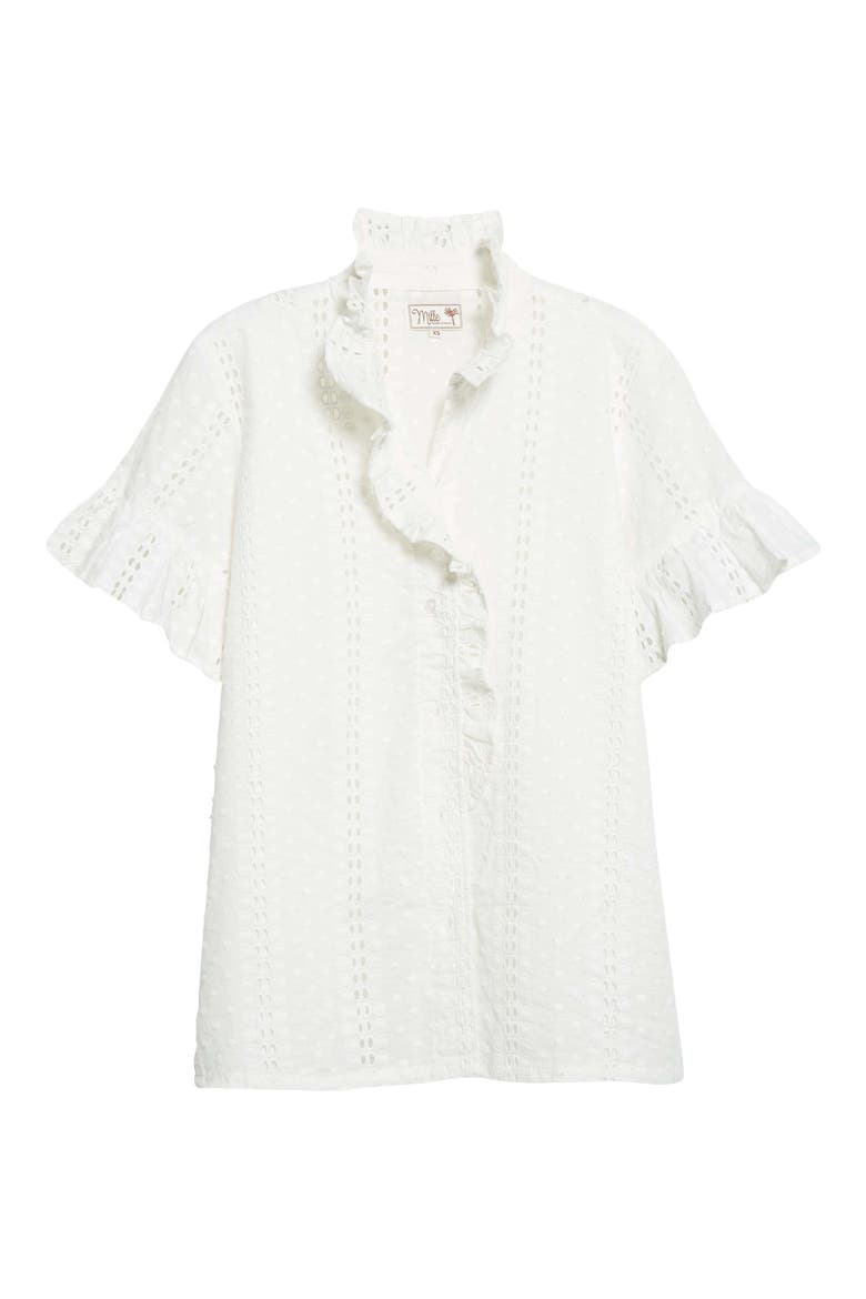 Vanessa Ruffle Detail Cotton Blouse, Alternate, color, PEARL POLKA DOT EYELET