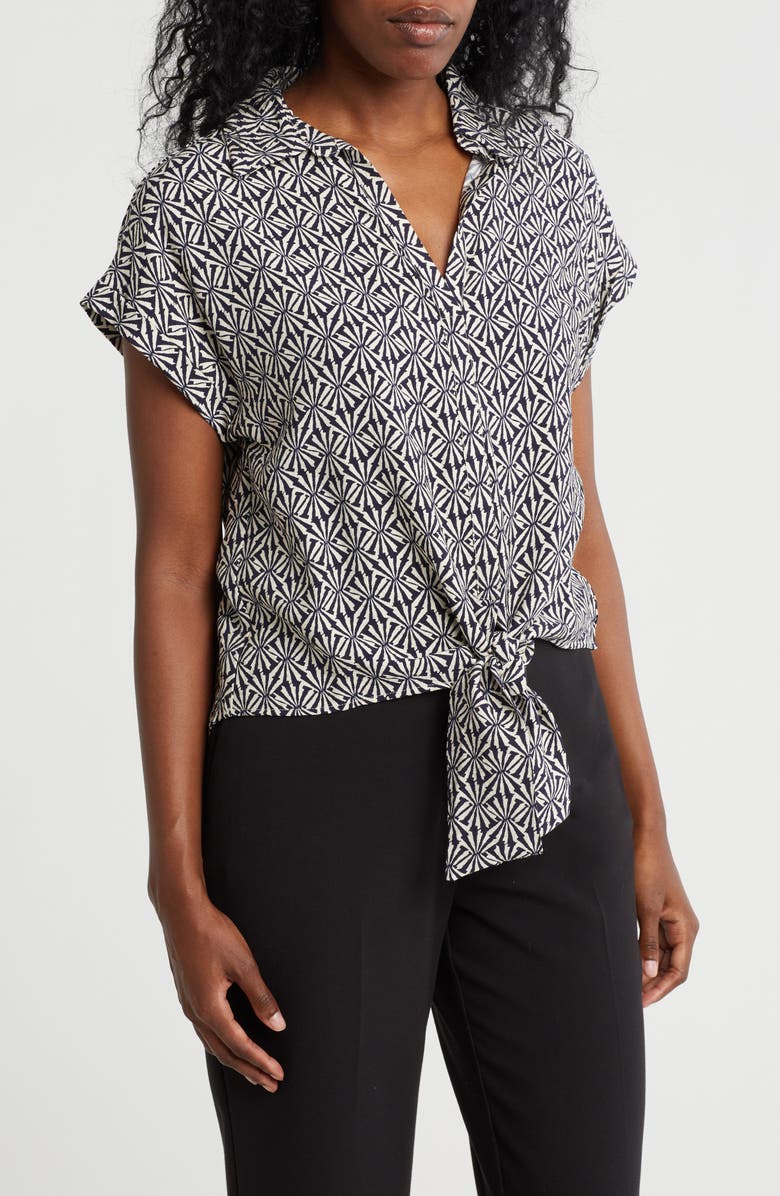 Pleione Tie Front High-Low Button-Up Shirt, Main, color, Navy Cream Shell
