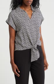 Pleione Tie Front High-Low Button-Up Shirt