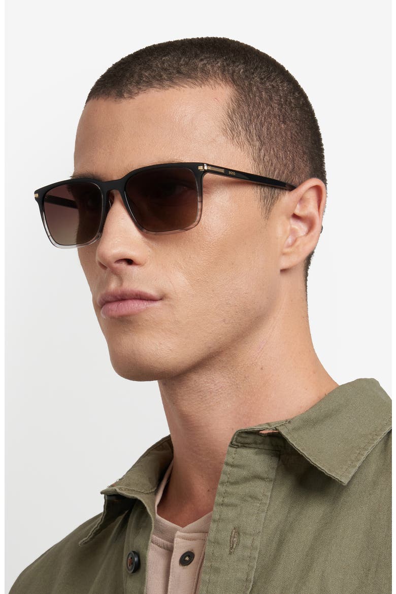 55mm Rectangular Sunglasses, Alternate, color, BLACK SHADED GREY/ BROWN SF