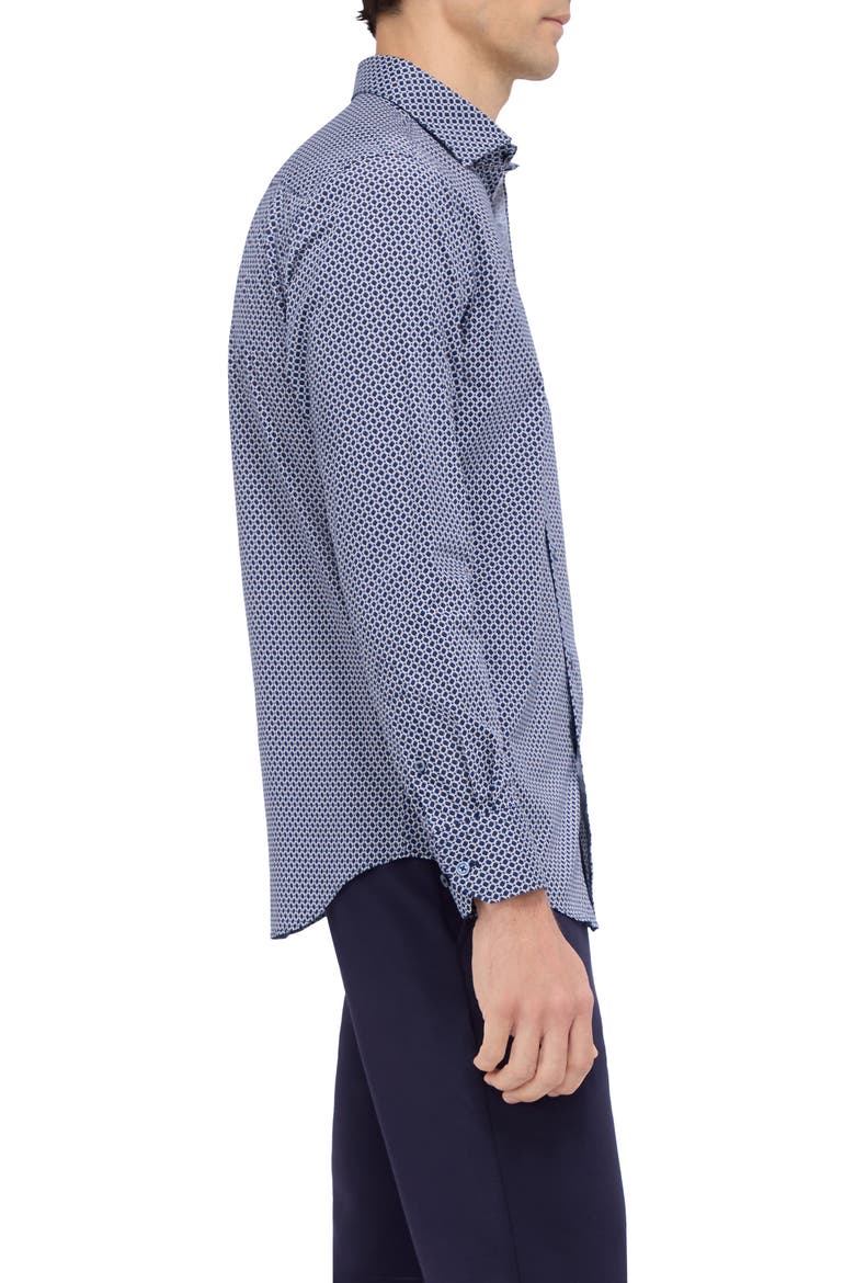 Axel Shaped Fit Geo Print Stretch Button-Up Shirt, Alternate, color, NAVY