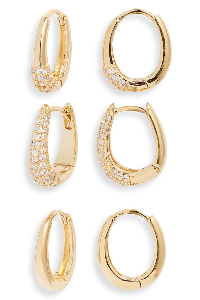 Set of 3 Hoop Earrings, Main, color, CLEAR- GOLD