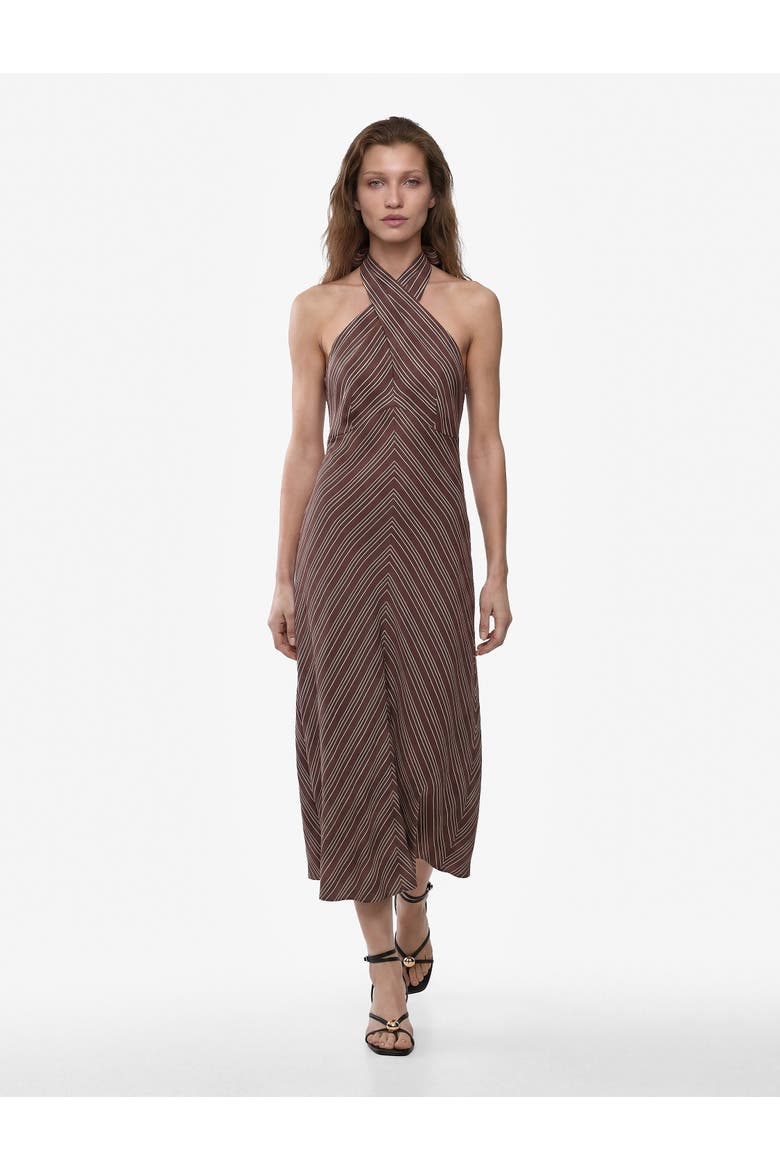 A-Line Halter Neck Striped Midi Dress, Alternate, color, BROWN STRIPE