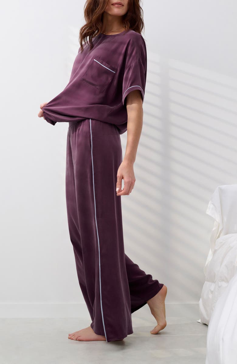 Lunya Washable Silk Piped Pajamas, Alternate, color, Vintage Merlot