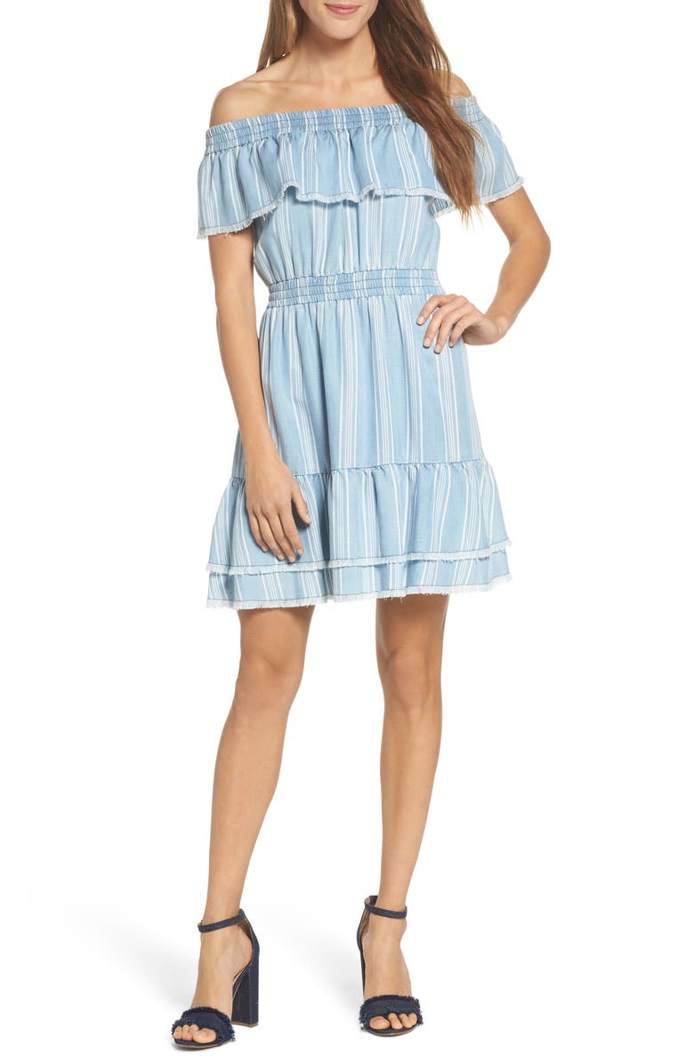 BB Dakota by Steve Madden BB Dakota Coco Stripe Off the Shoulder Ruffle Dress, Main, color,