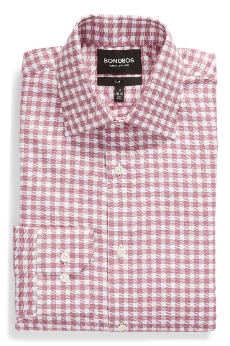 Trim Fit Check Dress Shirt, Alternate, color, TEXTURE ROUGE