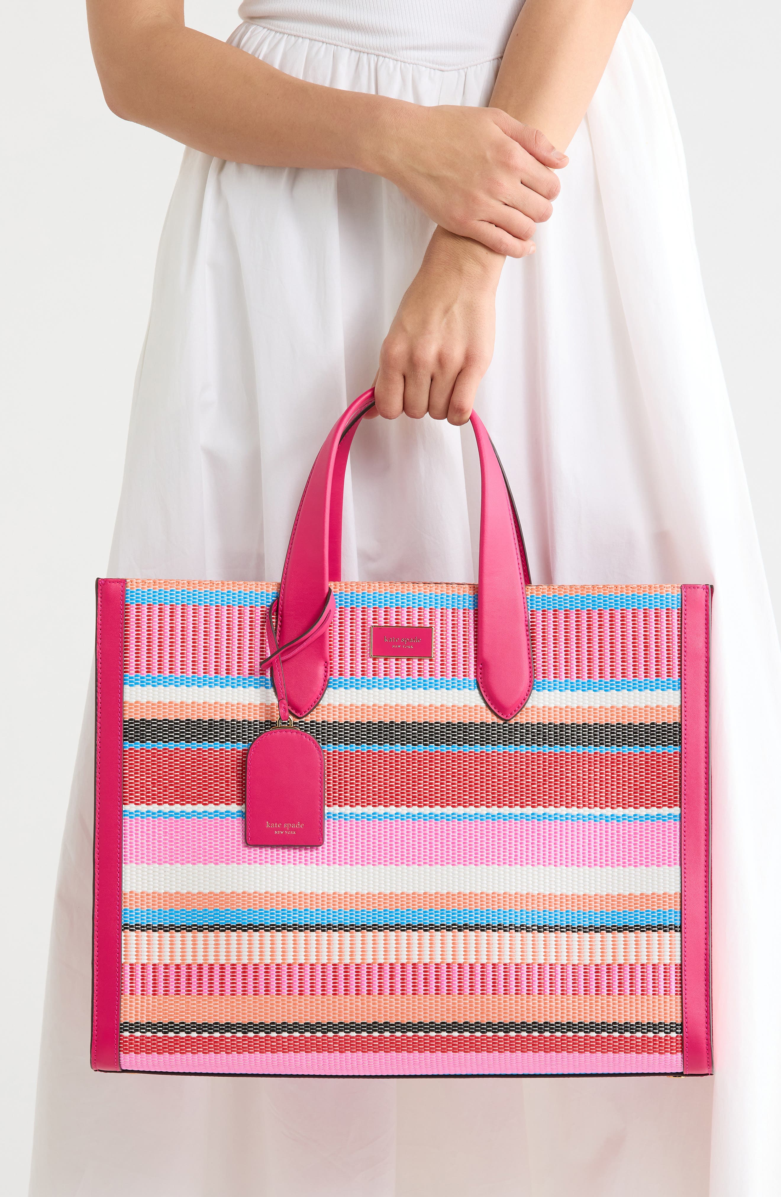 Manhattan Large Striped Woven Straw Tote, Alternate, color, WILD RASPBERRY MULTI