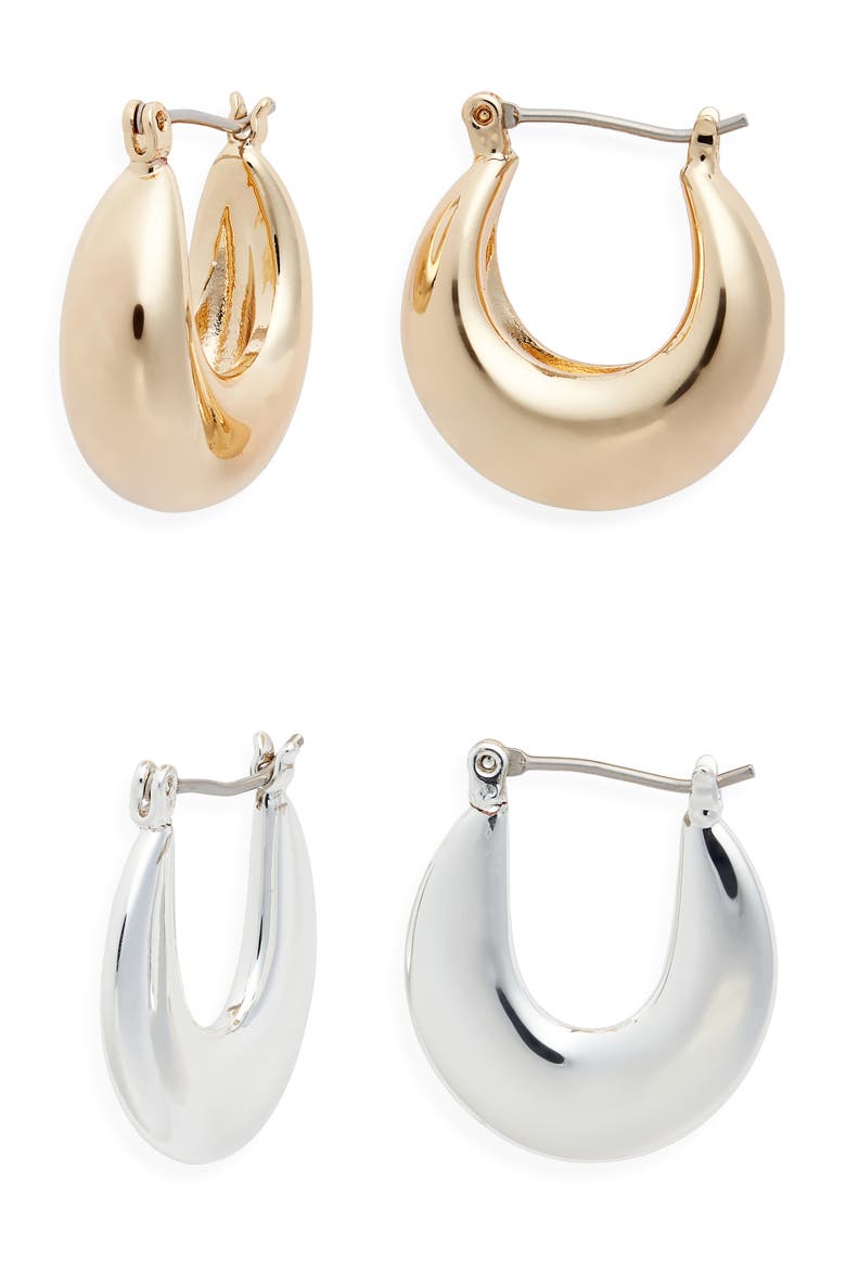 2 Pairs of Mixed Metal Hoop Earrings, Main, color, GOLD AND SILVER