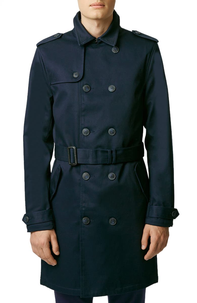Topman Navy Bonded Twill Trench Coat, Main, color,
