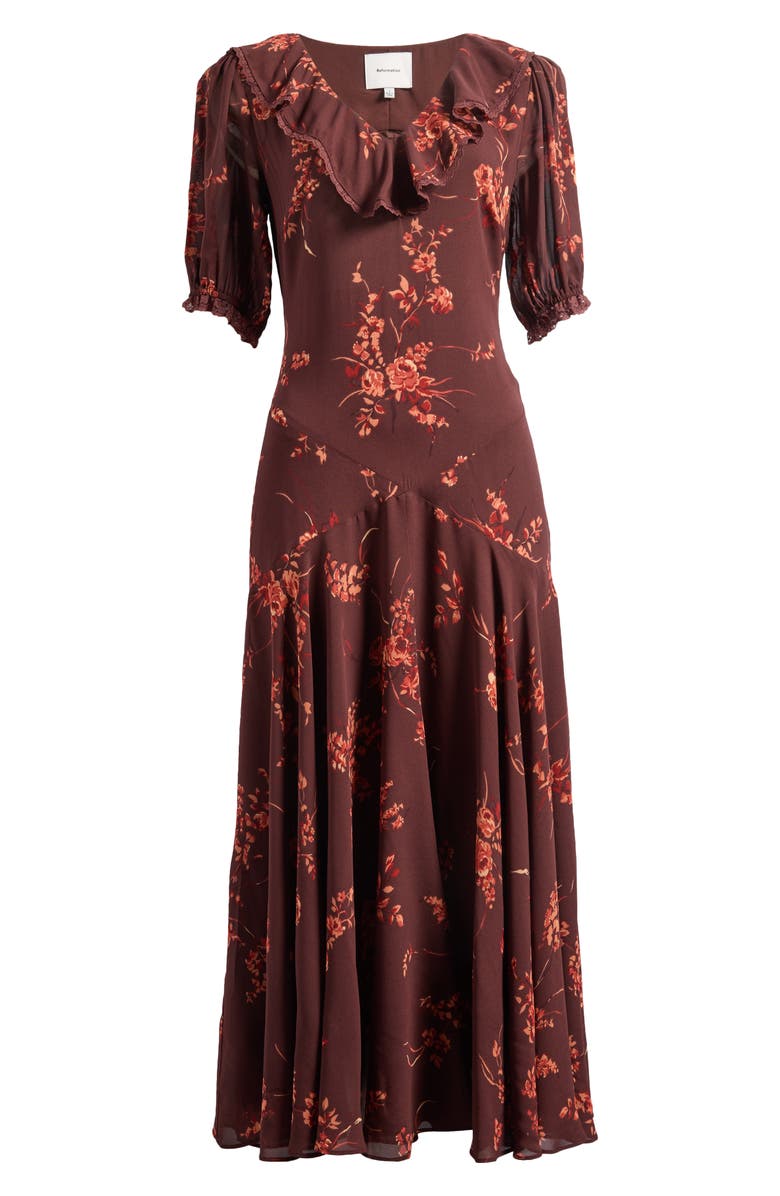 Reformation Evra Lace Trim Georgette Midi Dress, Main, color,