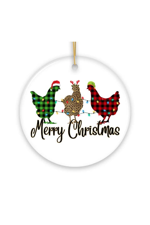 Plaid Rooster Merry Christmas Ceramic Ornament