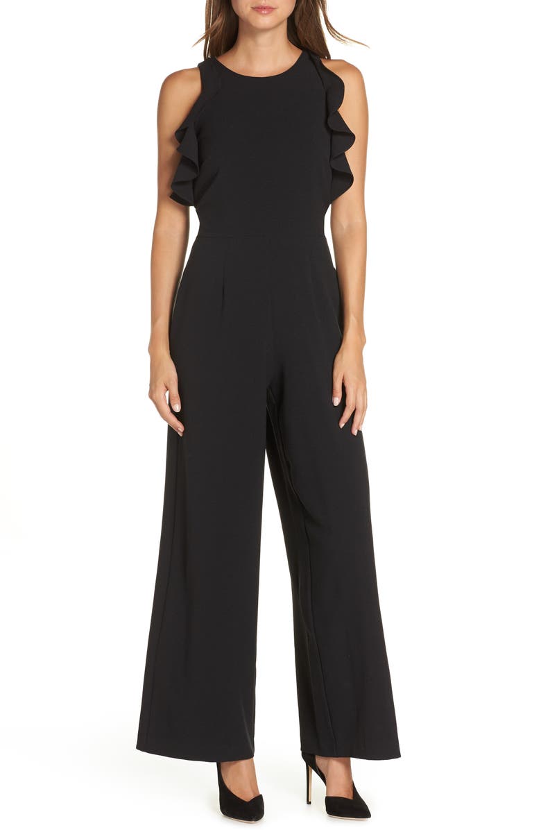 Julia Jordan Crepe Ruffle Trim Wide Leg Jumpsuit, Main, color, 