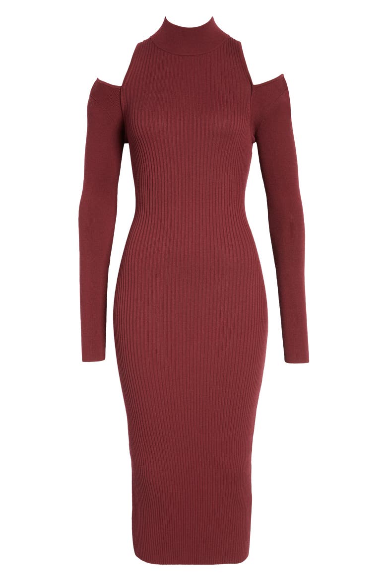 Mock Neck Cold Shoulder Long Sleeve Sweater Dress, Alternate, color, BURGUNDY TANNIN