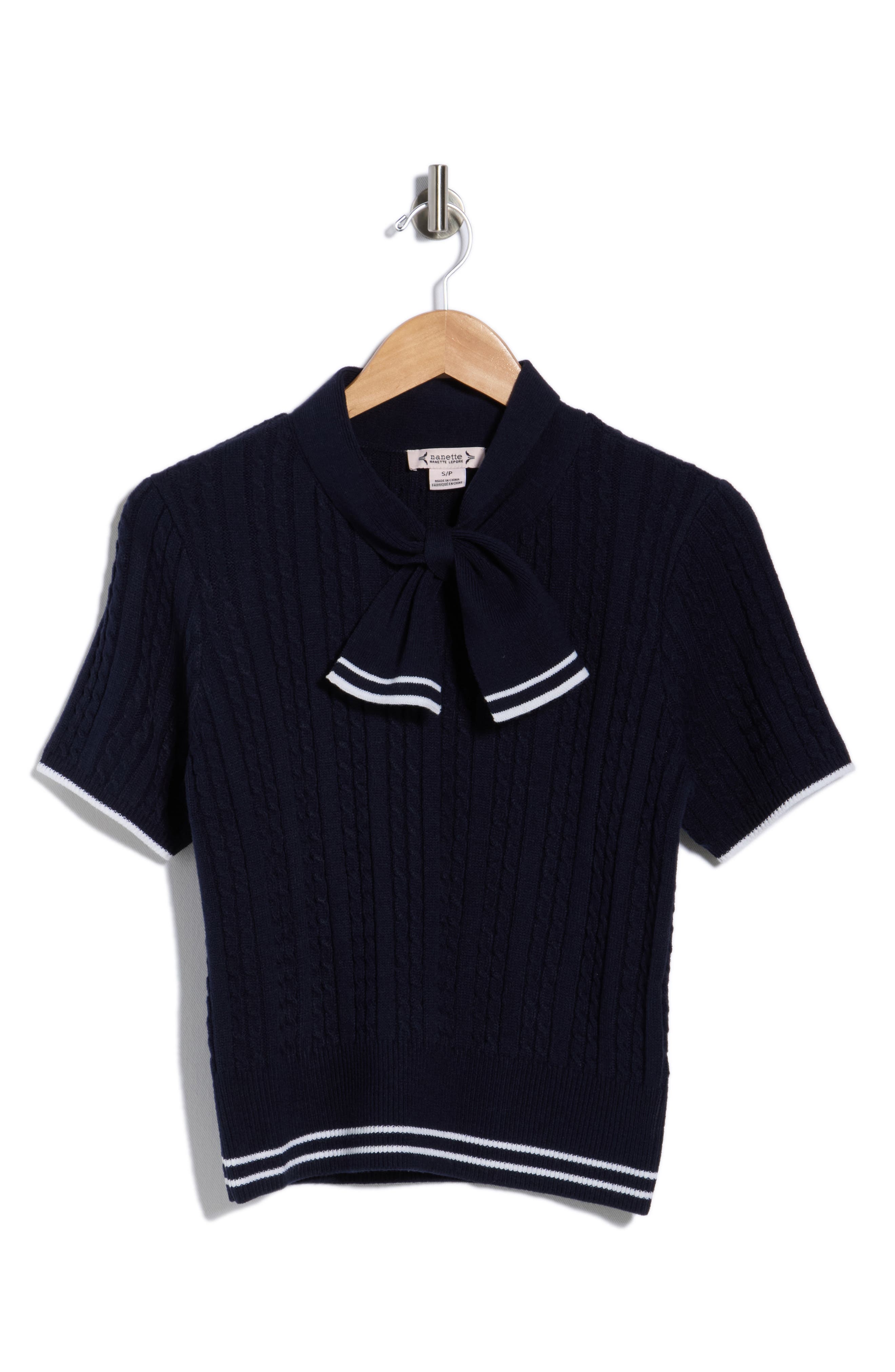 Nanette Lepore Tie Neck Short Sleeve Cable Knit Sweater