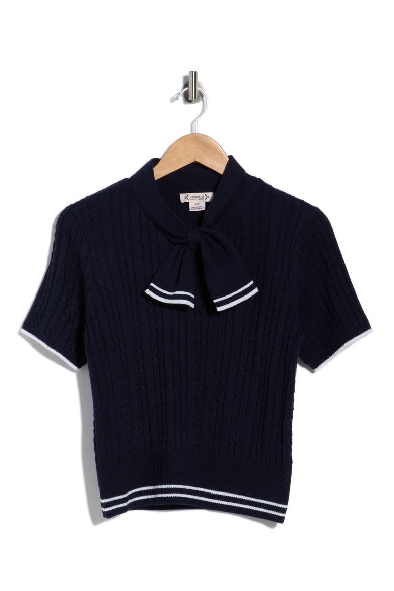 Tie Neck Short Sleeve Cable Knit Sweater, Alternate, color, NAVY