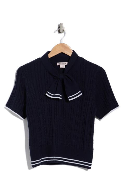 Tie Neck Short Sleeve Cable Knit Sweater