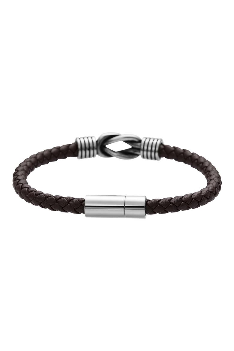 Men's Stainless Steel Knot Leather Bracelet, Alternate, color, BROWN