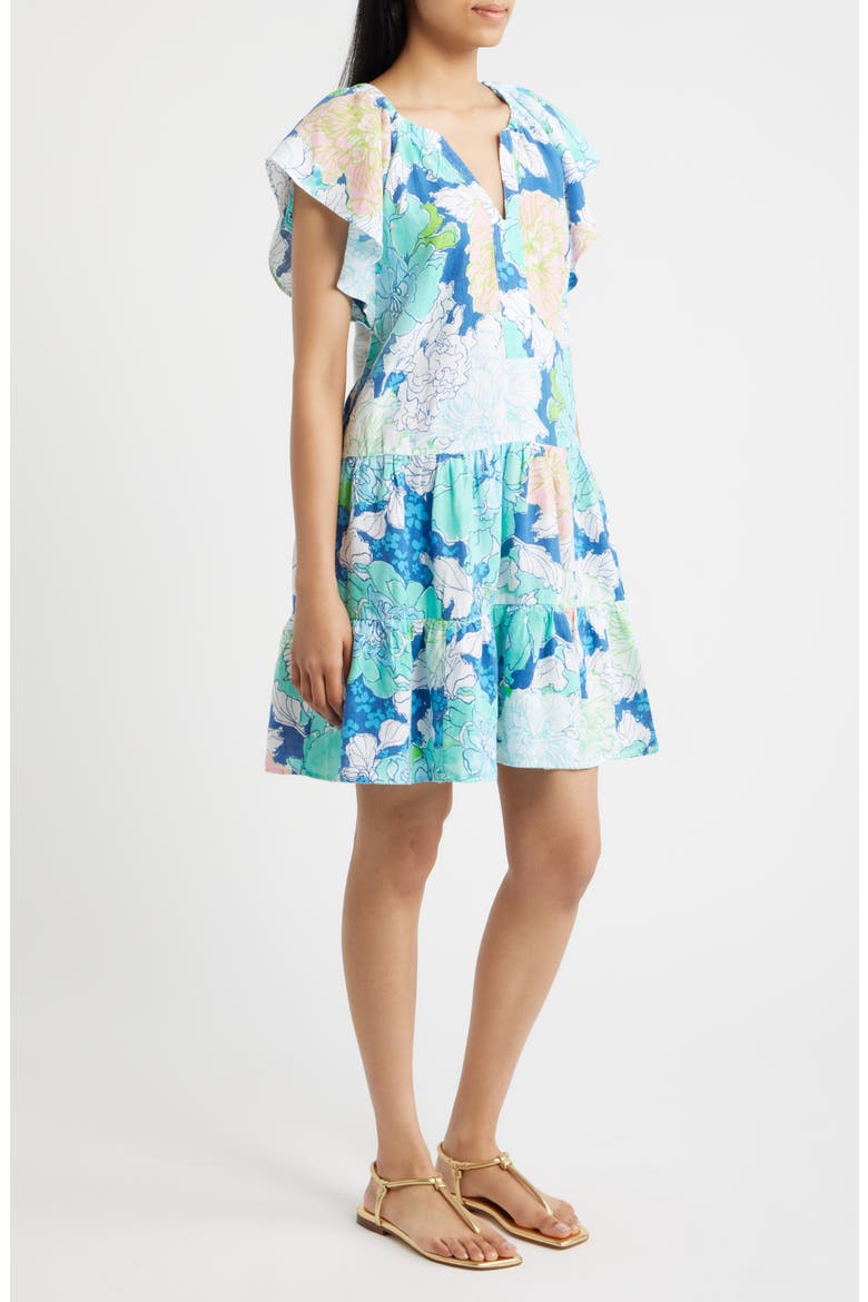 Norella Print Ruffle Linen Dress, Alternate, color, STARLIGHT NAVY