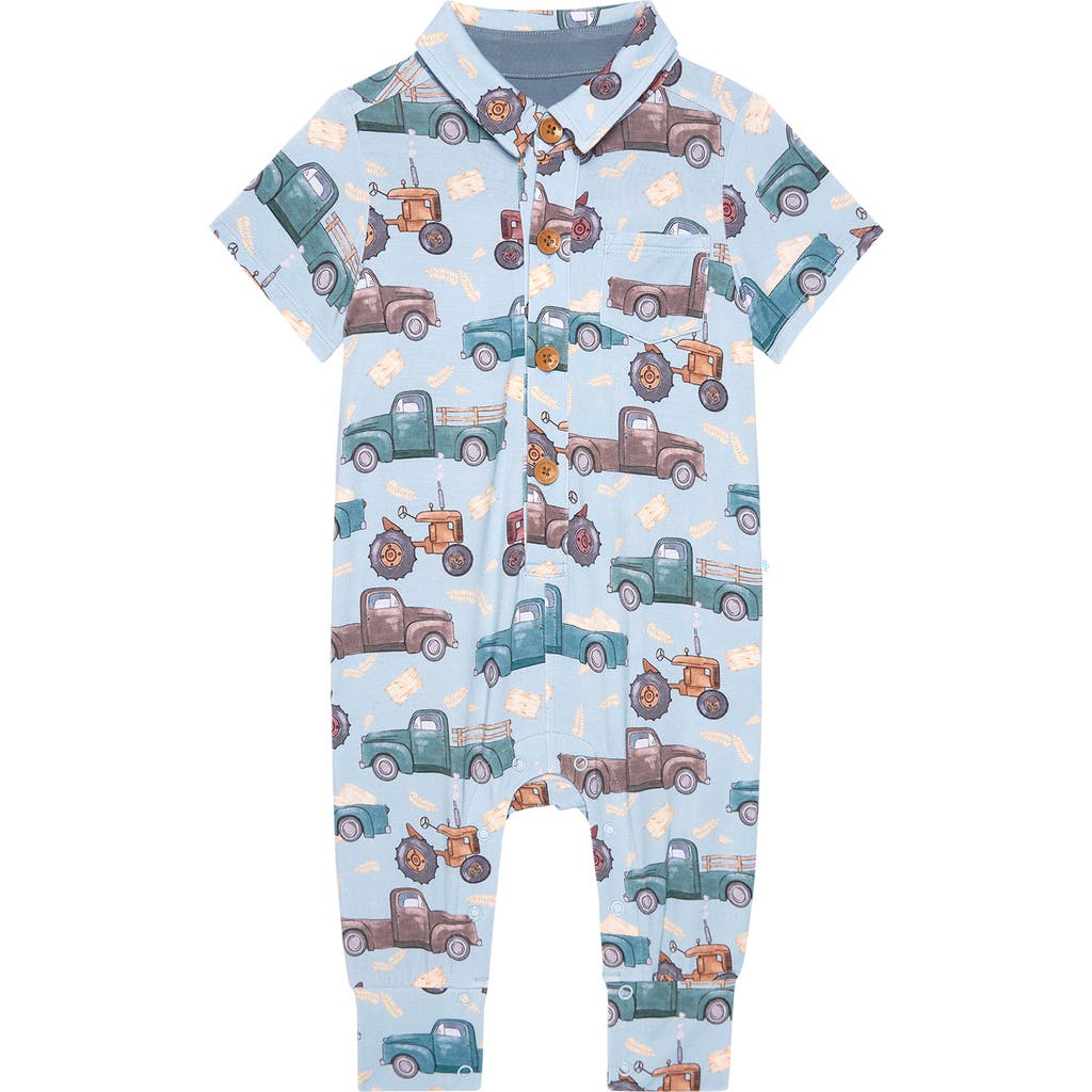 Posh Peanut Print Collared Button-up Romper In Blue
