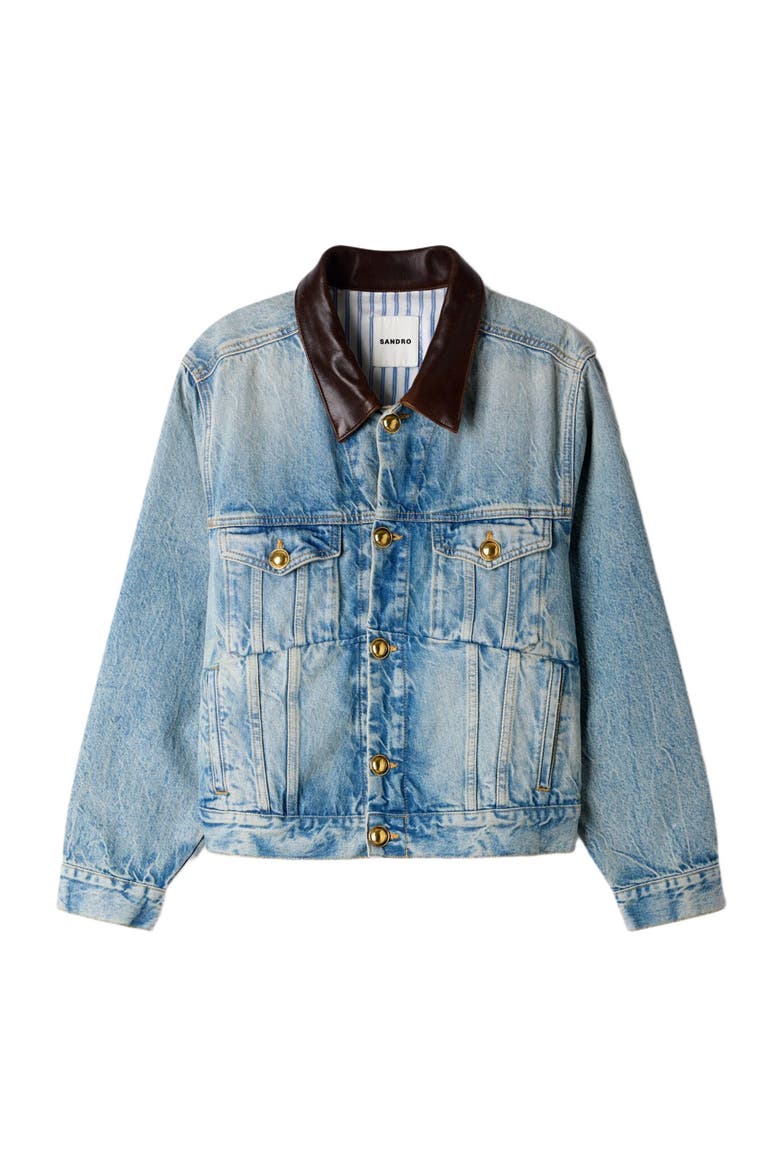 Denim jacket with leather collar, Alternate, color, Blue jean