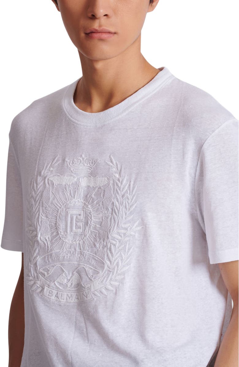 Balmain Écusson Embroidered Linen T-Shirt, Alternate, color, White