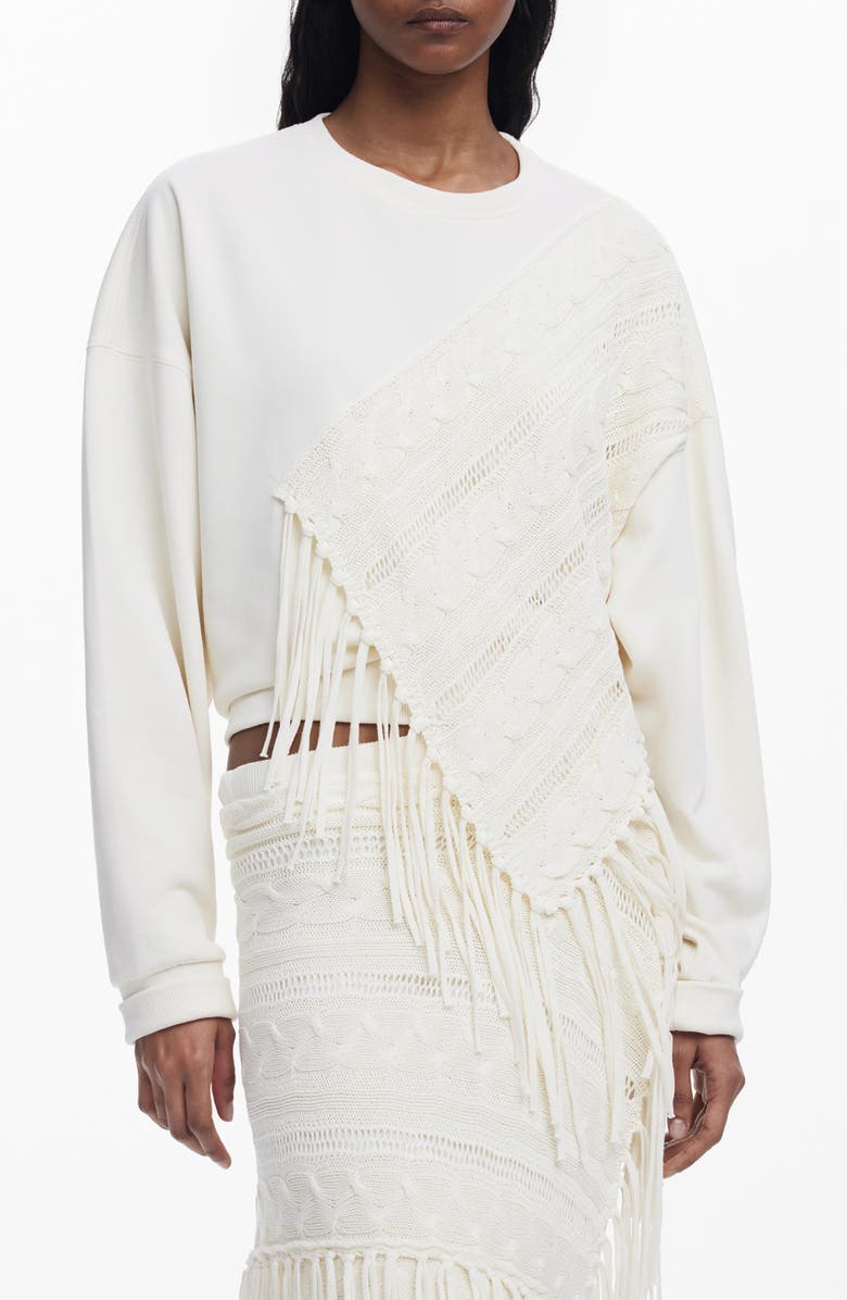 Desigual Mixed Stitch Fringe Sweatshirt, Main, color, Ivory