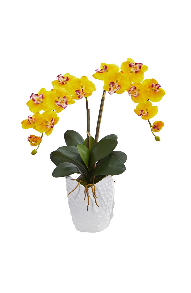 NEARLY NATURAL Double Phalaenopsis Orchid Artificial Arrangement in White Ceramic Vase, Main, color, Yellow