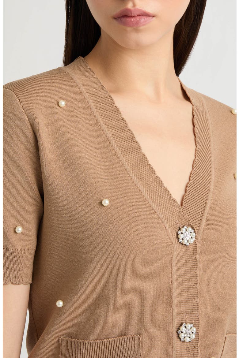 Faux Pearl Embellished Sweater Cardigan, Alternate, color, CAMEL