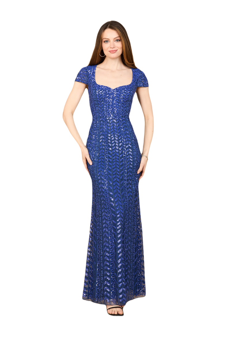Beaded Gown with Cap Sleeves, Main, color, Blue