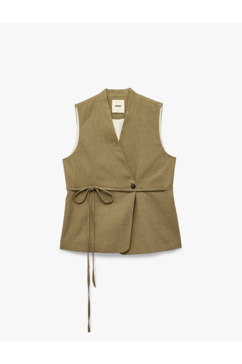 Linen Blend V-Neck Tailored Vest with Belt, Alternate, color, KHAKI
