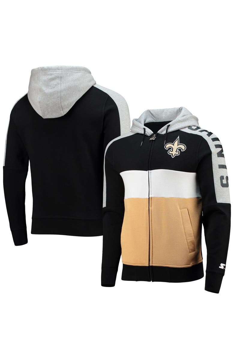 STARTER Men's Starter Black/Gold New Orleans Saints Playoffs Color Block Full-Zip Hoodie, Main, color, Black