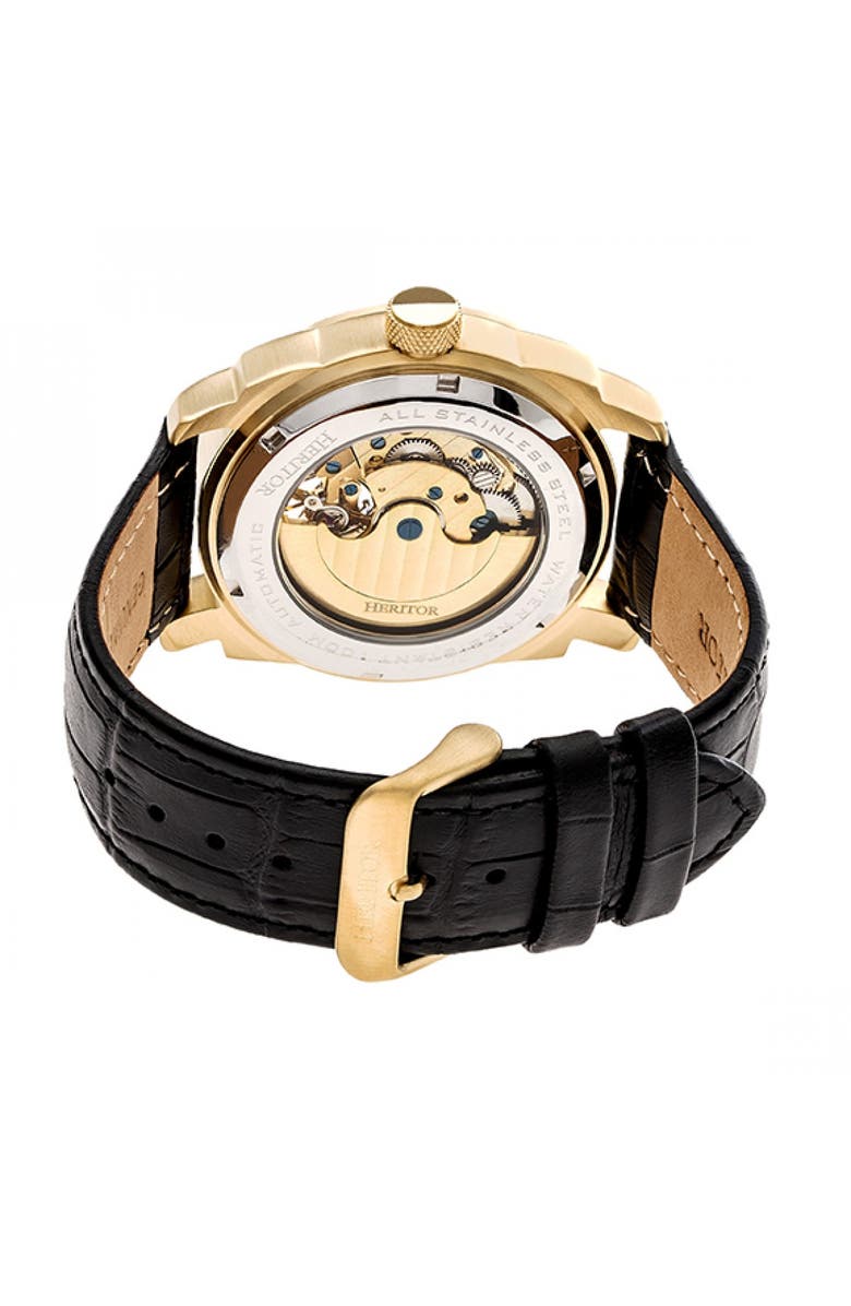 Heritor Automatic Helmsley Semi-Skeleton Leather-Band Watch, Alternate, color, Gold/Black