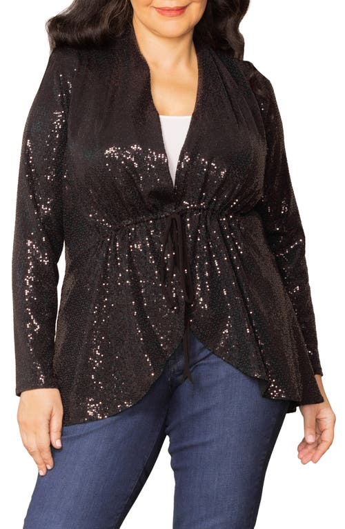 Kiyonna Glitz & Glam Sequin Tie Waist Jersey Jacket In Burgundy