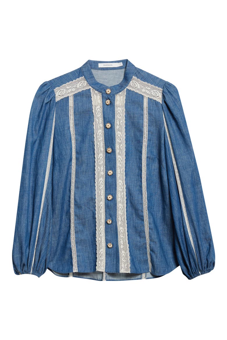 Awaken Lace Trim Denim Shirt, Alternate, color, RAILWAY BLUE