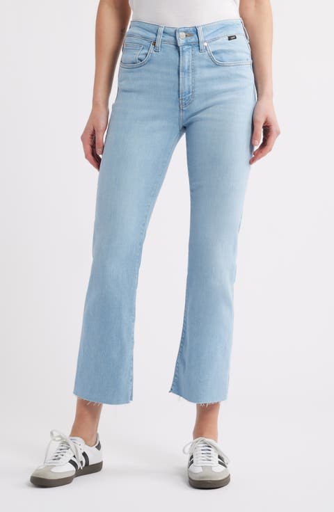 Anika High Waist Raw Hem Flare Leg Jeans (Light Blue Flex Blue)