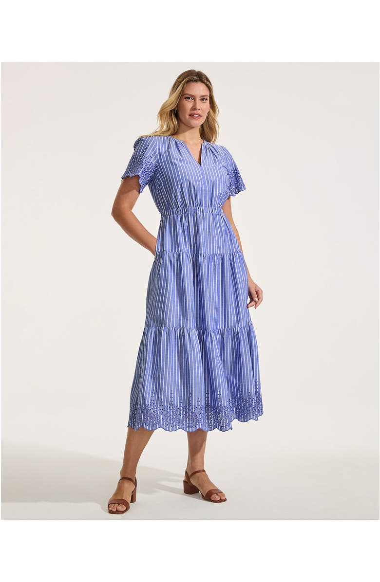 Lands' End Tiered Cotton Poplin Embroidered Maxi Dress, Alternate, color, Sapphire Gem Stripe Eyelet