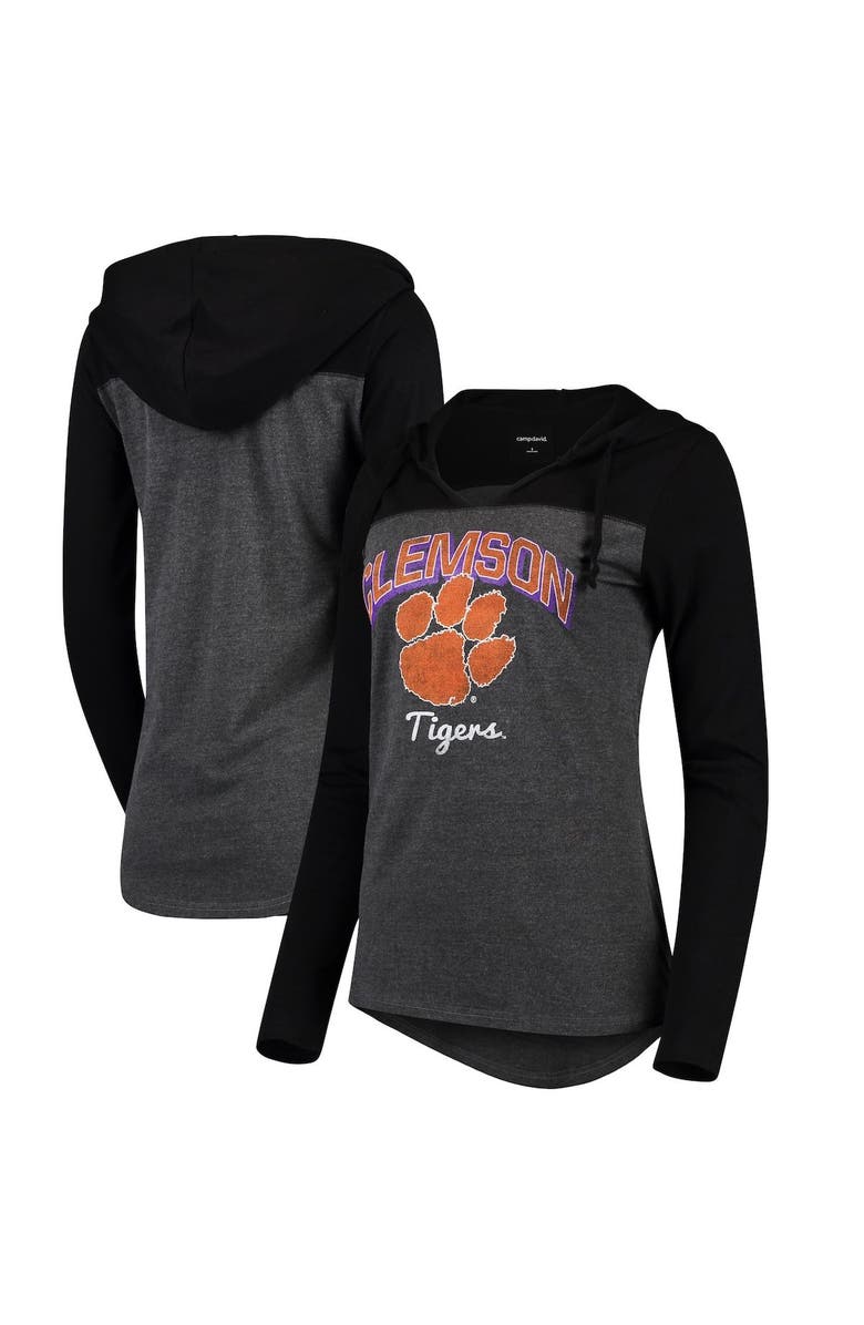 CAMP DAVID Women's Charcoal Clemson Tigers Knockout Color Block Long Sleeve V-Neck Hoodie T-Shirt, Main, color,