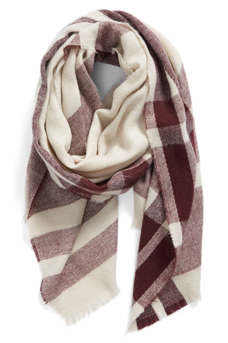 Fringe Trim Plaid Oblong Scarf, Main, color, TAN/ BURGUNDY